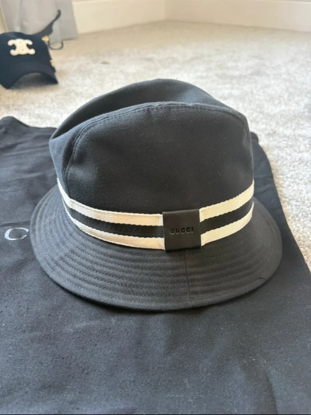 Gucci Black Bucket Hat with White Stripe Band